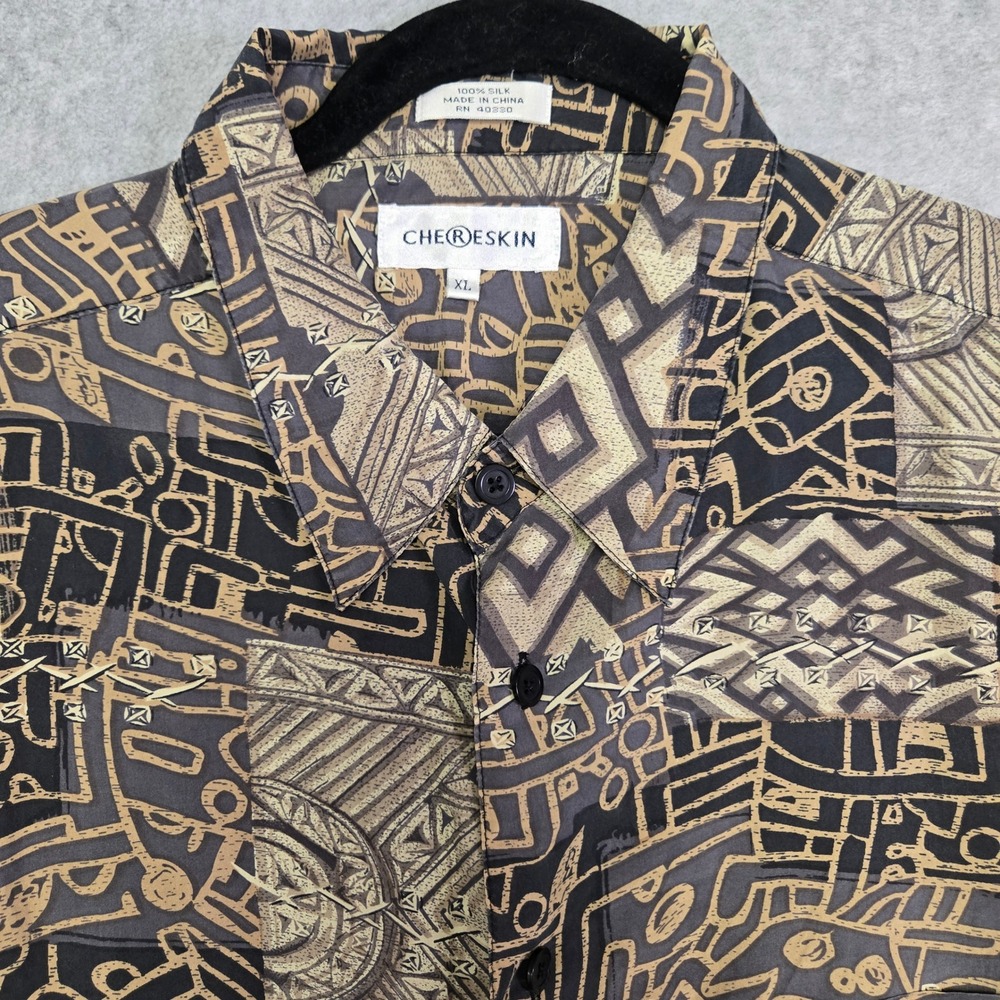 Chereskin Mens XL Silk Tribal Geometric Shirt 90s Y2K Abstract Short Sleeve